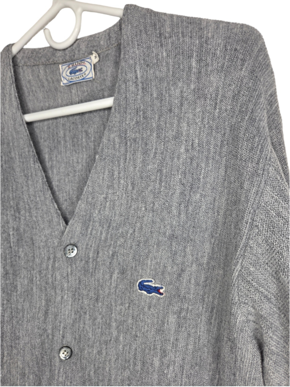 Vintage Izod Lacoste Cardigan Sweater Grey Men's Size Medium Blue Croc 70's USA